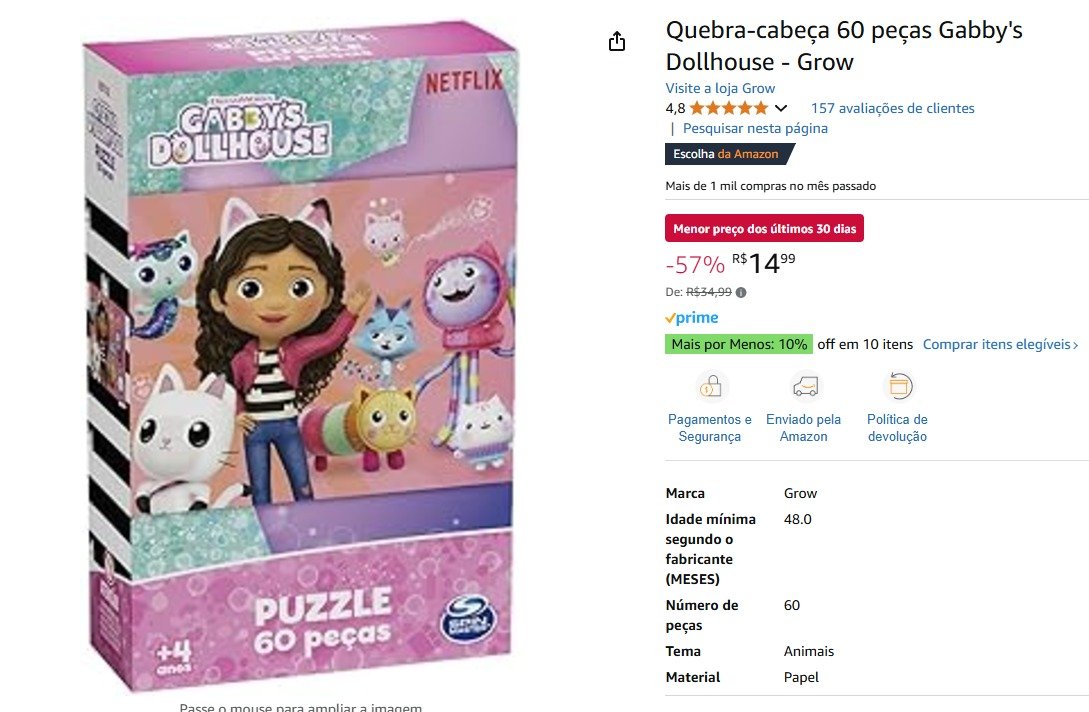 Quebra-cabeça 60 peças Gabby’s Dollhouse – Grow - Clube do Presidente